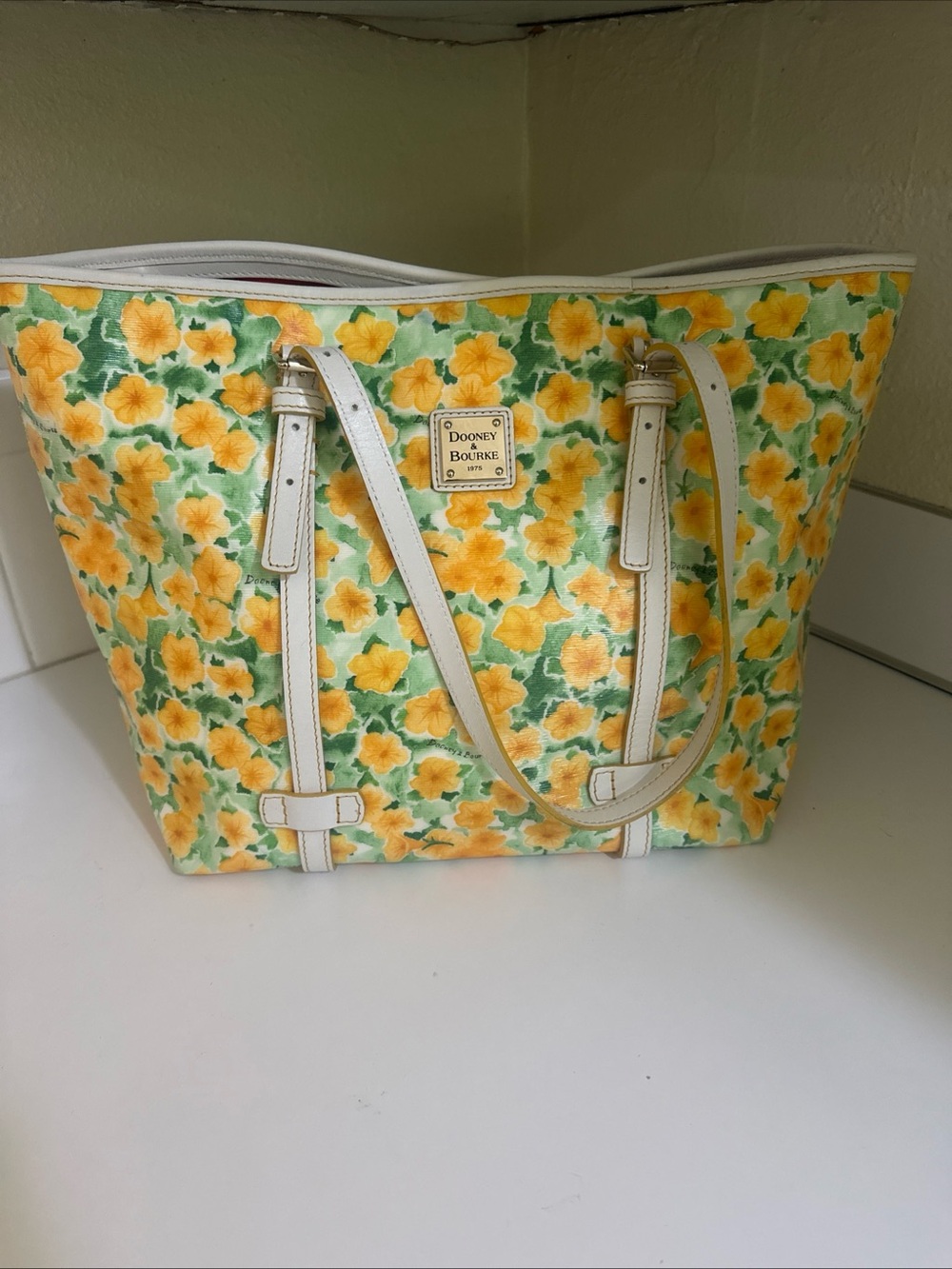 Dooney & Bourke Yellow Floral Tote with White Trim